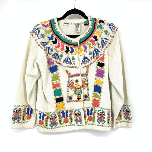 Vintage Michael Simon Cardigan Sweater Sz 1X Embroidered Beaded Mayan Design - Picture 1 of 8